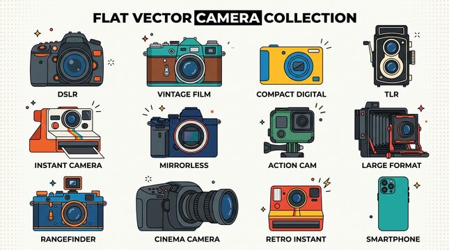 flat vector illustration set of various camera types