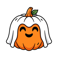 Cute cartoon pumpkin wearing a ghost costume for a fun and spooky halloween holiday vector illustration