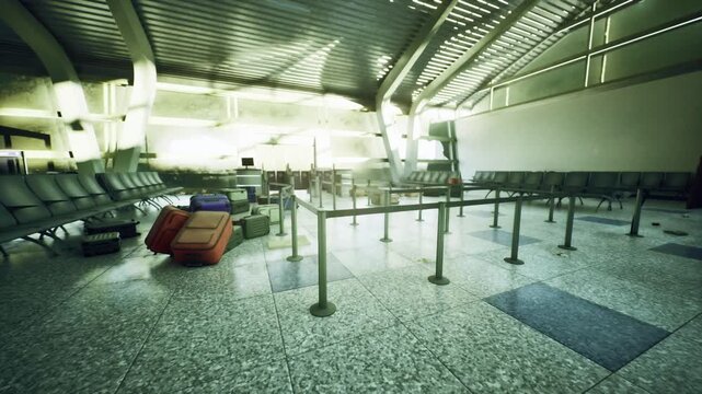 Empty modern airport terminal at dawn, soft green light fills curved roof, rows of vacant seats and luggage trolleys, closed ticket counters, retractable belt