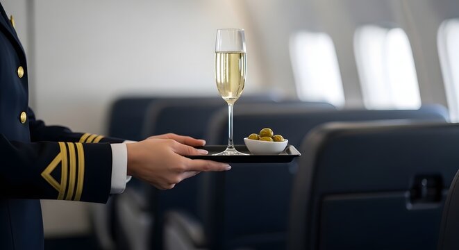 Professional Flight Attendant Presenting Service Tray Inside Bright Airplane Cabin for Comfortable In-Flight Passenger Service