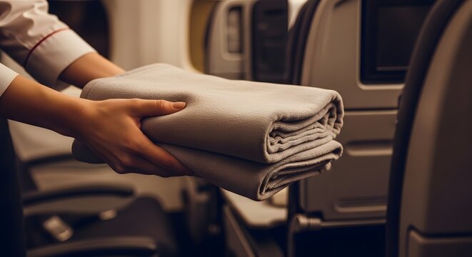 Flight Attendant Handing a Clean Folded Blanket to Passenger for Added Comfort During Long-Haul Air Travel