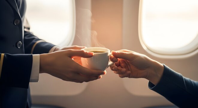 Passenger Receiving Fresh Coffee from Cabin Crew During Relaxed In-Flight Beverage Service Inside Airplane Cabin