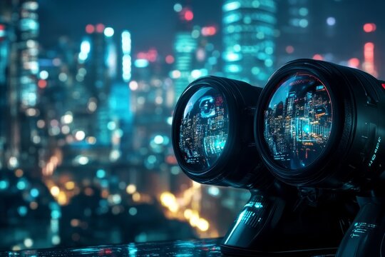 Futuristic binoculars with neon cityscape reflections at night
