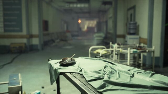 stretcher under flickering overhead light with scattered carts and markers, silent clinic corridor leads to dark rooms, clinical machines idle and atmosphere