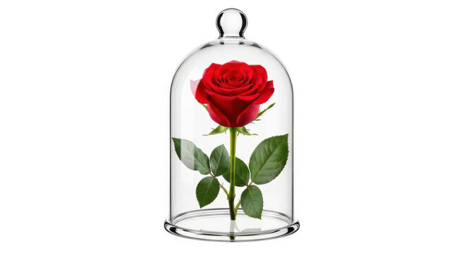 Red rose inside a glass dome jar isolated on transparent background