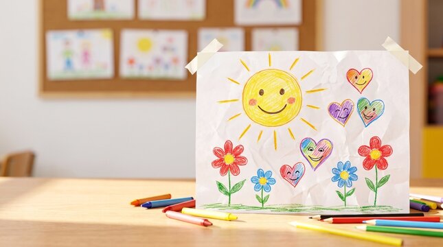 Child's colorful drawing of a smiling sun and flowers on a classroom desk  