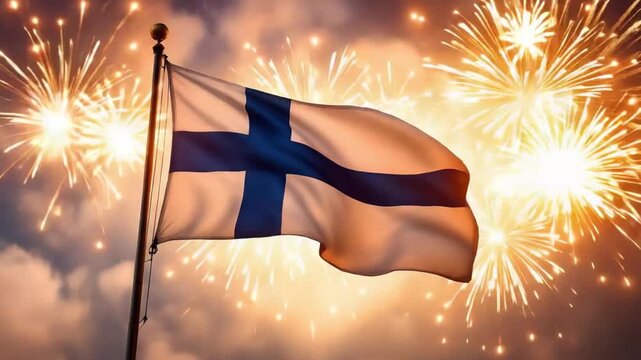 Waving finnish flag with golden fireworks celebration
