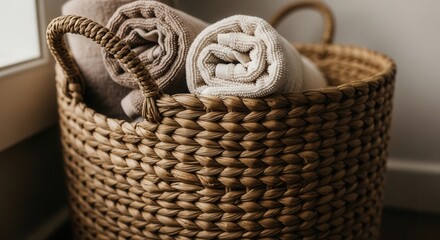 Obraz premium Natural Woven Basket Holding Rolled Soft Towels For Cozy Home Decor