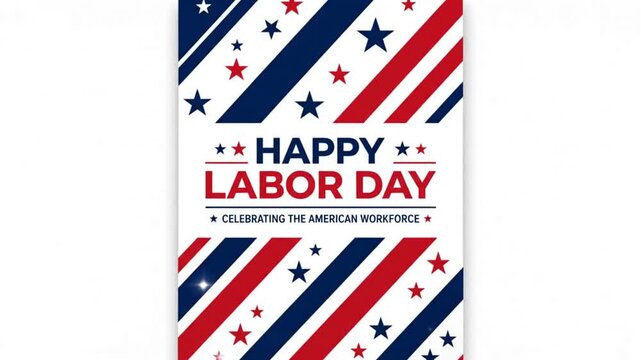 Happy Labor Day celebration greeting card animation with red and blue diagonal stripes and stars