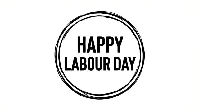 Happy Labour Day text animation appearing inside a black sketched circular stamp