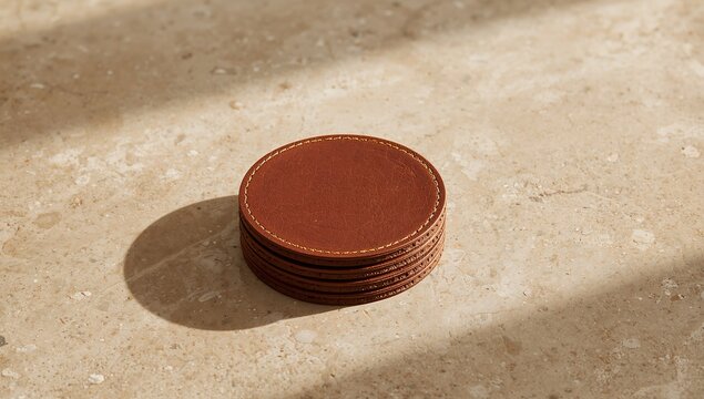 Generative AI showcases a neat stack of round leather coasters on a textured surface