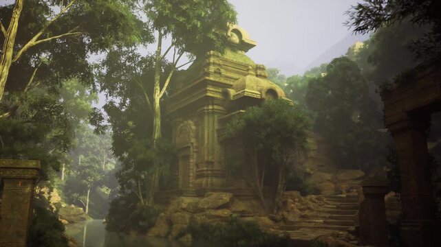 Overgrown stone temple ruins in jungle, vietnam setting with carved lintels and eroded steps, thick vines and emerald moss softening sandstone blocks, morning