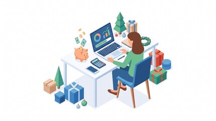Naklejka premium Festive scene of a person working on a laptop surrounded by Christmas gifts and financial elements, hinting at holiday season budgeting or seasonal sales. Isolated on solid white background