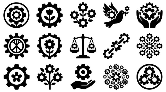 Gear Icons with Flowers and Symbols of Peace, Justice, and Harmony