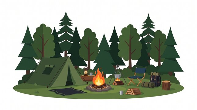 A vibrant illustration of a campsite nestled in a serene forest with a crackling campfire.  Isolated on solid white background