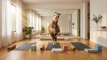 Naklejka premium Funny alpaca doing yoga pose on mat in bright sunny studio