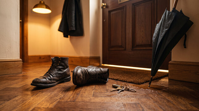 Abandoned boots, keys and wet umbrella in hallway conveying anxiety and exhaustion