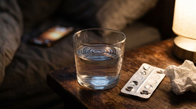 Glass of water with pill blister and tissue on nightstand during sleepless night
