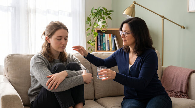 Therapist giving glass of water to distressed young woman during panic attack