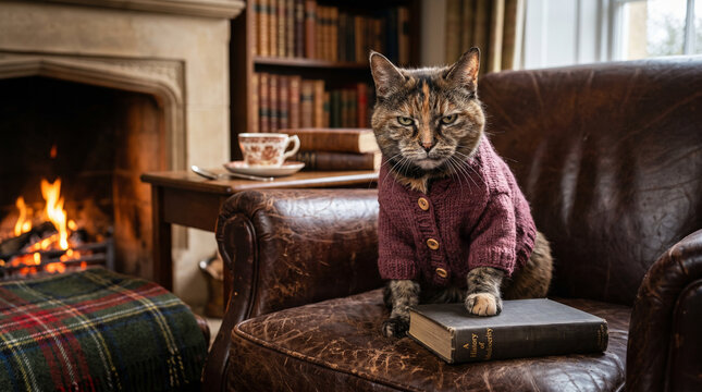 Serious cat in knitted cardigan sitting in leather armchair with old book