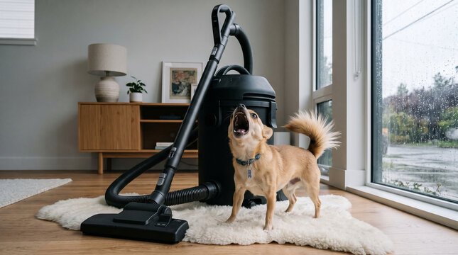 Small chihuahua barking at vacuum cleaner in cozy living room