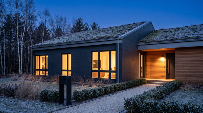 Modern energy efficient house with green roof glowing at cold evening