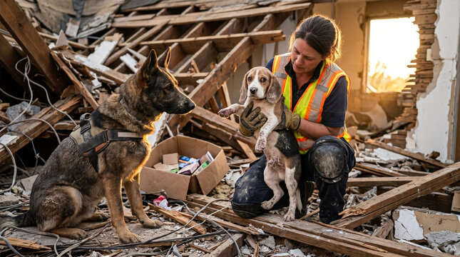 Rescue worker holding saved beagle puppy beside search dog in rubble