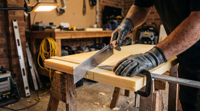 Craftsman in gloves cutting wood board with hand saw in workshop
