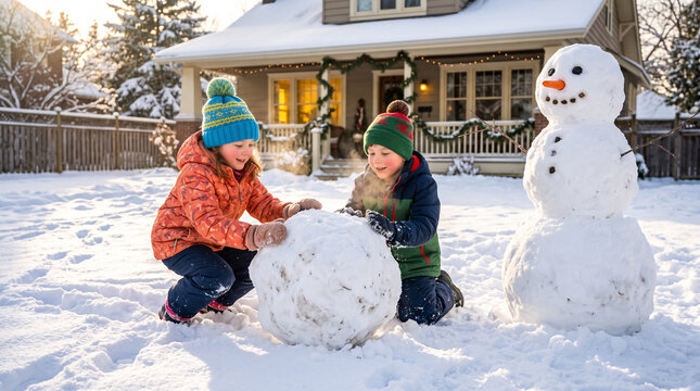 Happy kids building snowman in snowy backyard near house decorated for christmas