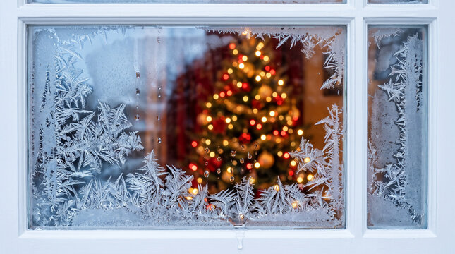 Frost patterns on window glass with blurred christmas tree lights in background