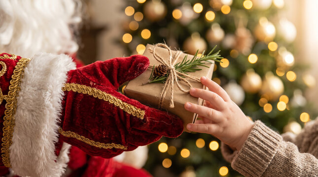 Santa in red velvet gloves handing eco gift box to child hands