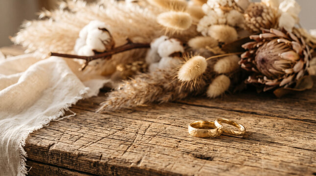 Two gold wedding rings on rustic wood with dried boho flowers behind