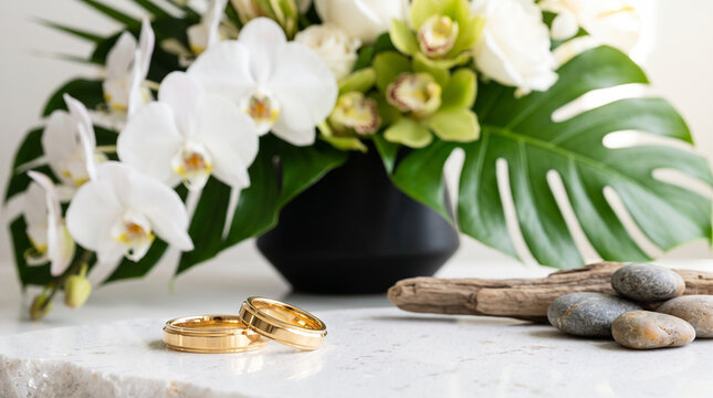 Gold wedding rings on marble table with white orchids and tropical leaves