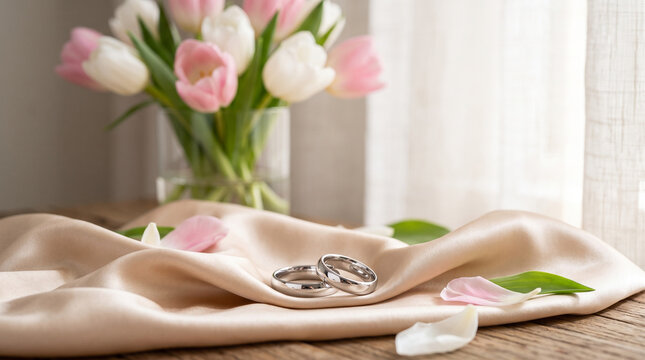 Silver wedding rings on silk fabric with pink tulips in vase behind