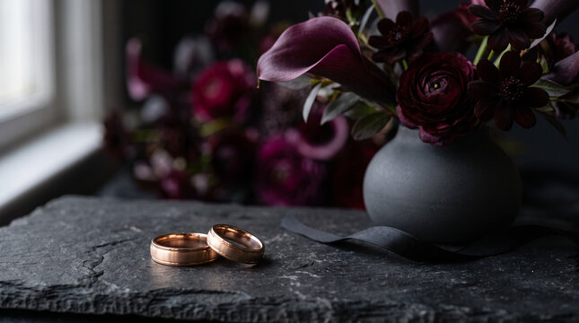 Rose gold wedding rings on dark slate with moody burgundy flowers in vase