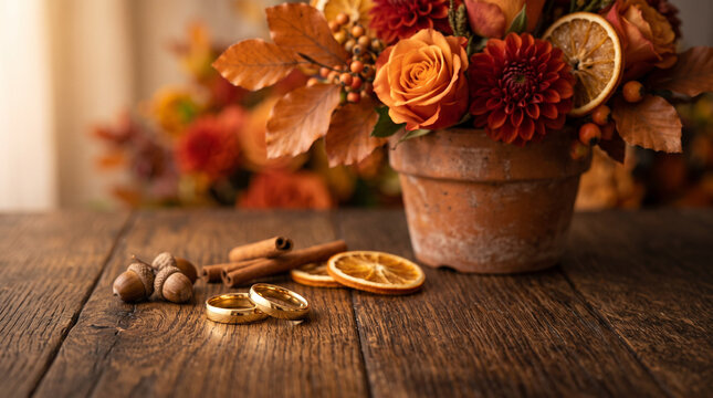 Gold wedding rings on rustic wood with autumn bouquet, acorns and cinnamon sticks