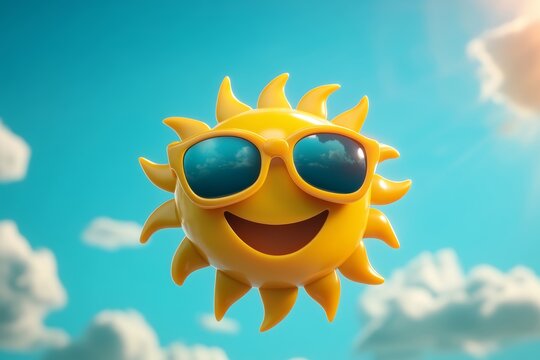 Cheerful sun wearing sunglasses in blue sky with clouds
