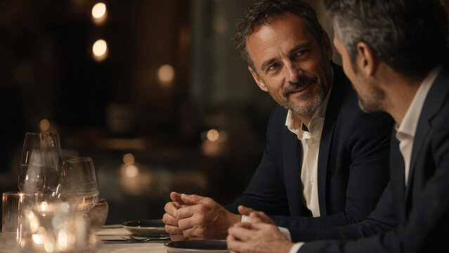 Executive networking dinner with two mature men in suits having conversation at elegant restaurant table at night
