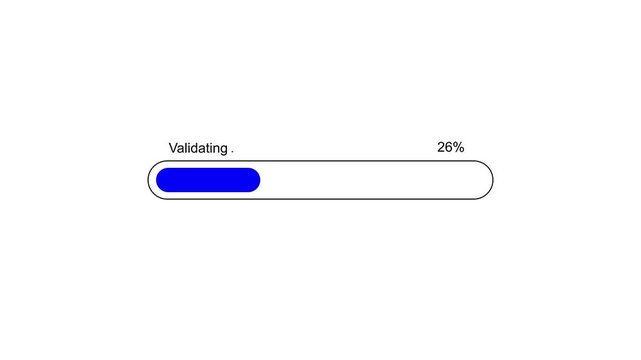 Animated progress bar displaying data validation status and completion percentage on a minimal interface. Ideal for data verification, quality control, software workflows, system checks, and technolog