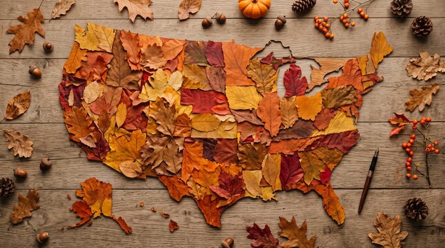 Overhead view of USA map made from colorful autumn leaves on rustic wood