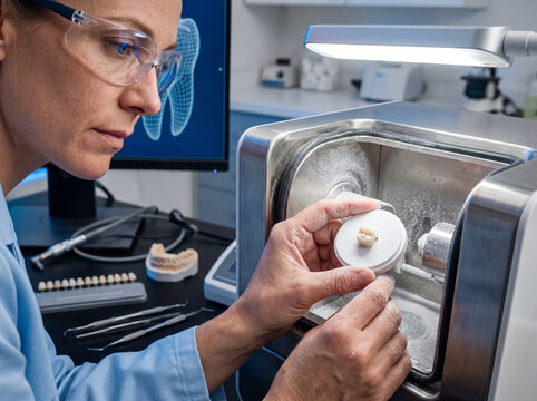 Dental technician milling a ceramic crown in a lab