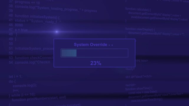 System override cyber security breach progress bar animation loop with percentage loading box on dark code background asset