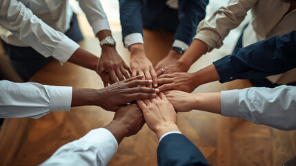 Obraz premium Diverse Business Team Putting Hands Together in Circle for Unity and Collaboration