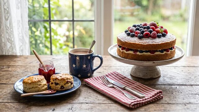 Fresh baked berry sponge cake and scones on rustic wooden table
