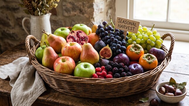 Wicker basket filled with fresh seasonal autumn fruits