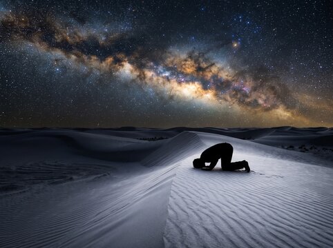 Man praying on sand dunes under milky way galaxy