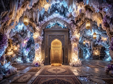 fantasy mosque interior with crystal cave walls and ornate mihrab