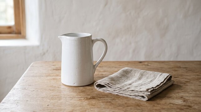 White ceramic pitcher and linen napkin on wooden table