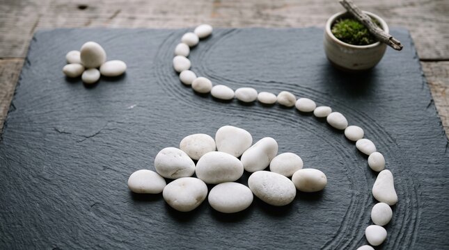 Zen garden stones on black slate background