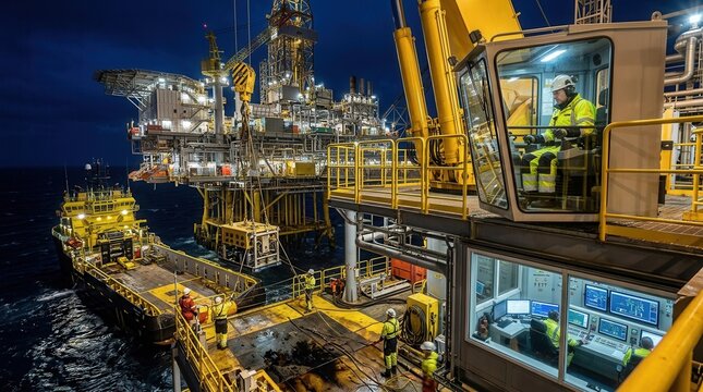 Offshore oil and gas platform operations at night, with workers on a supply vessel and crane operator in control room overseeing cargo transfer.
